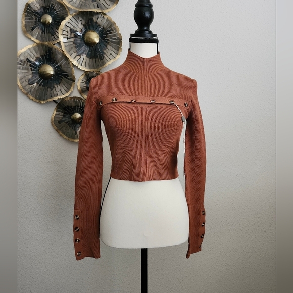 Nicholas Juliet Rib Knit Long Sleeve Cropped Funnel Neck Top in Caramel - Picture 1 of 12